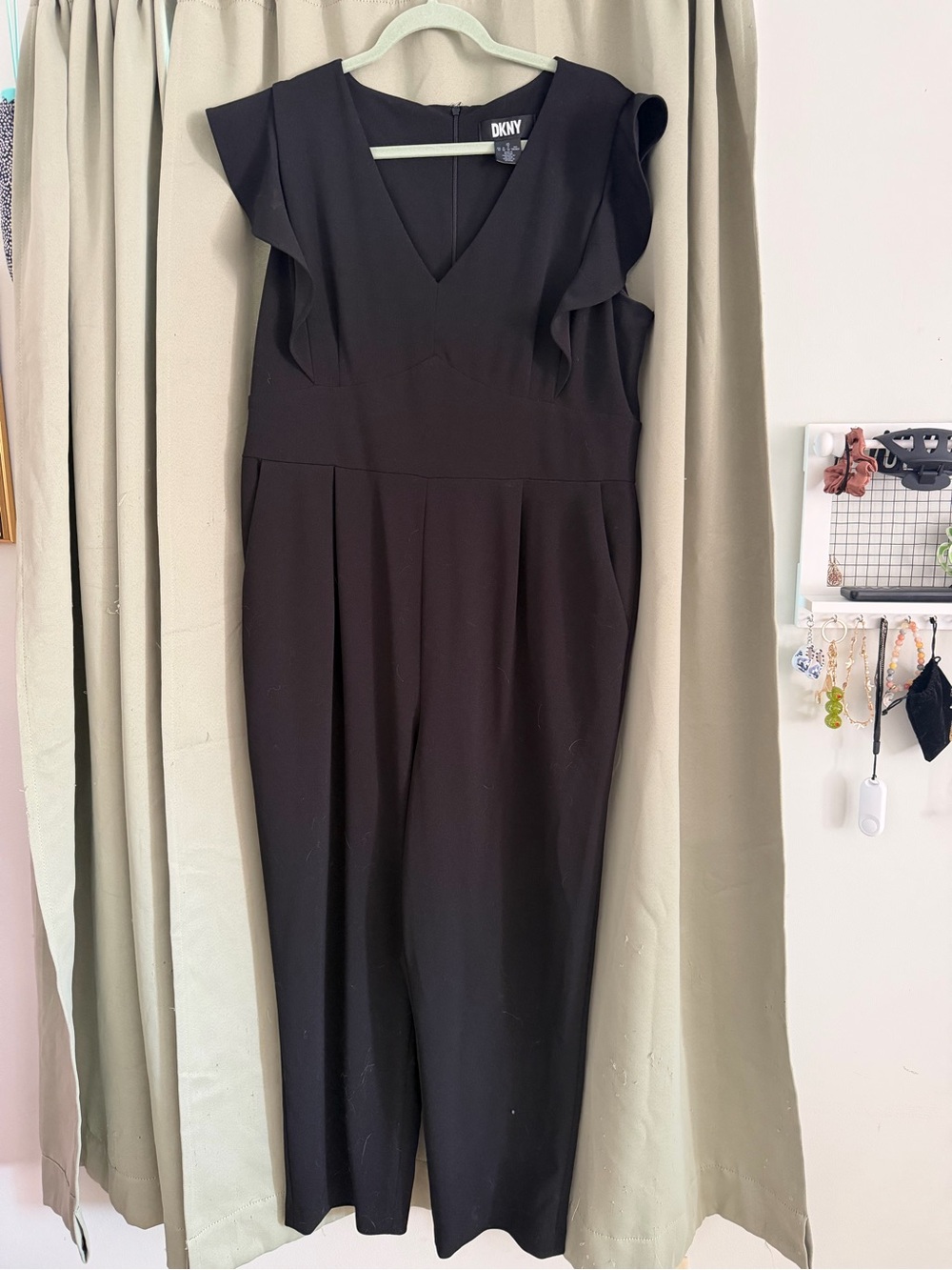DKNY Black V-Neck Ruffle Sleeve Dress